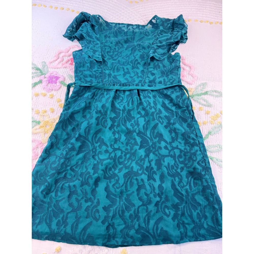 Moulinette Soeurs anthropologie Teal Lace Overlay Flutter Sleeve 14 dress - Picture 4 of 12